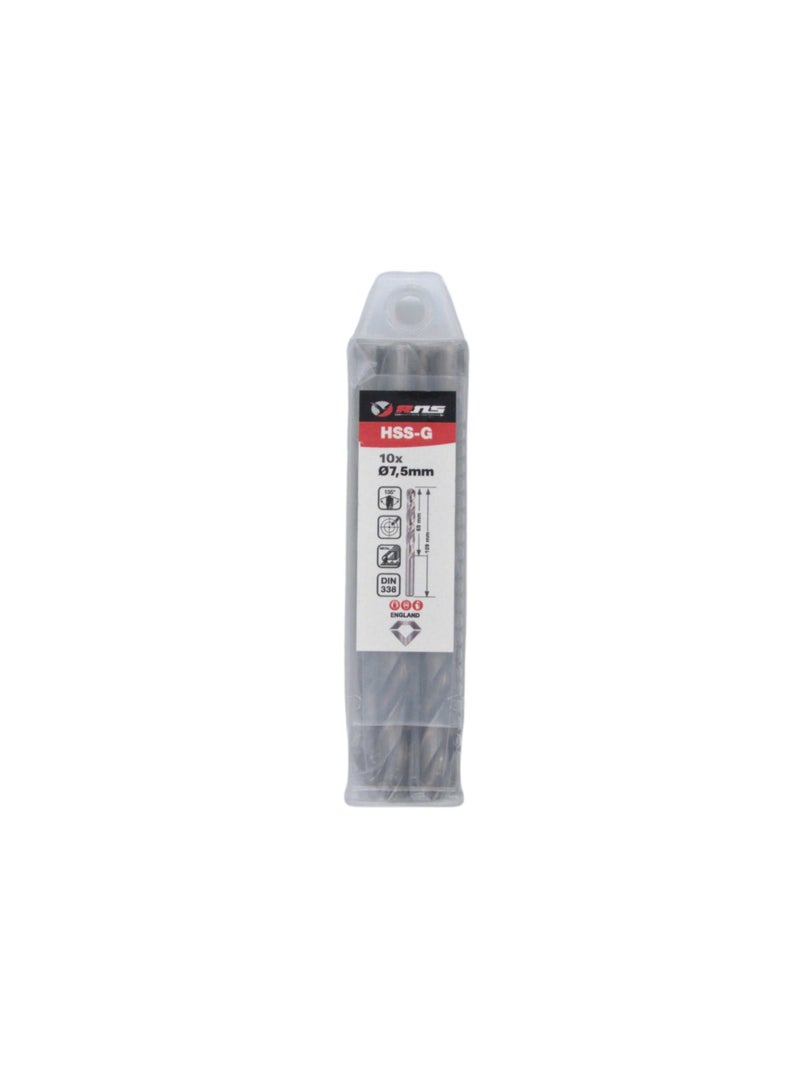RNS HSS-G TWIST DRILL BIT 7.5 MM, Pack of 10 High Speed Steel Ground Metal Drill Bit for Steel, Alloy, Fabrication and Industrial Use - Image 1