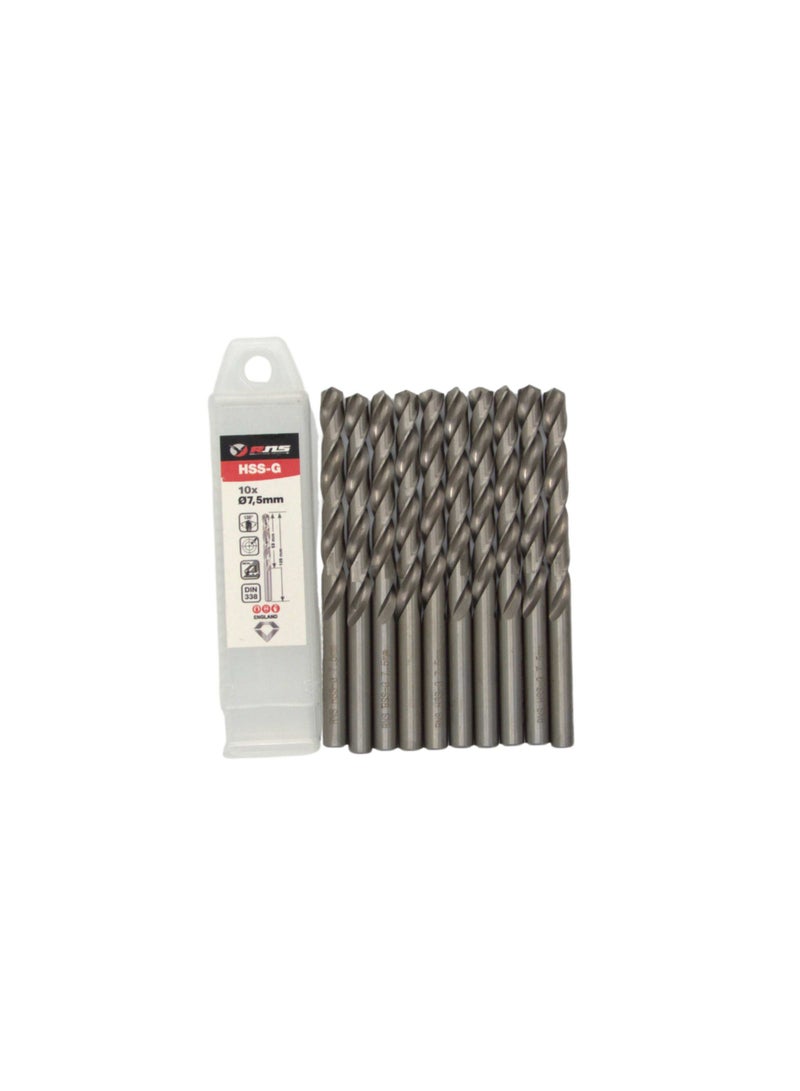 RNS HSS-G TWIST DRILL BIT 7.5 MM, Pack of 10 High Speed Steel Ground Metal Drill Bit for Steel, Alloy, Fabrication and Industrial Use - Image 2
