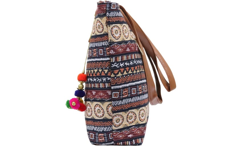 SHIVKARI Womens Girls Traditional Ikkat Tote Handbag with Tassels | Brown - Image 3