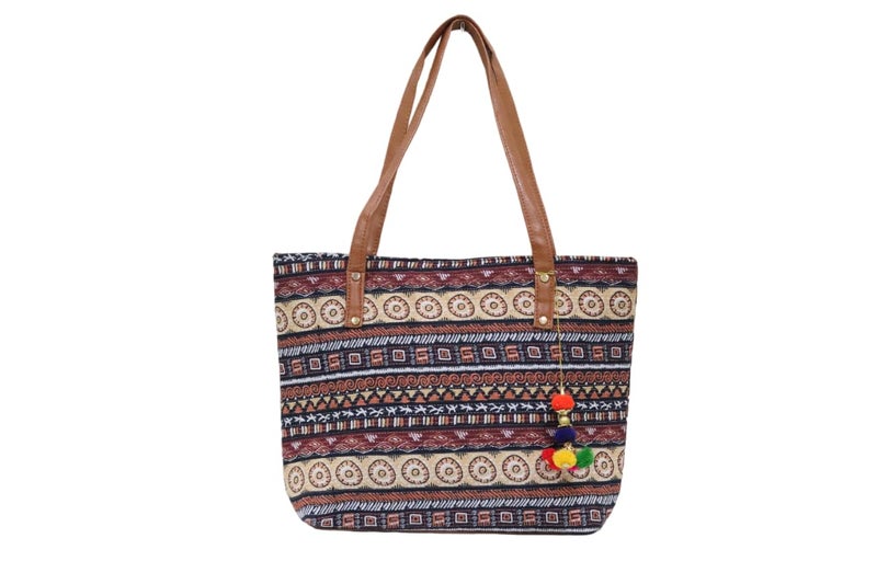 SHIVKARI Womens Girls Traditional Ikkat Tote Handbag with Tassels | Brown - Image 1