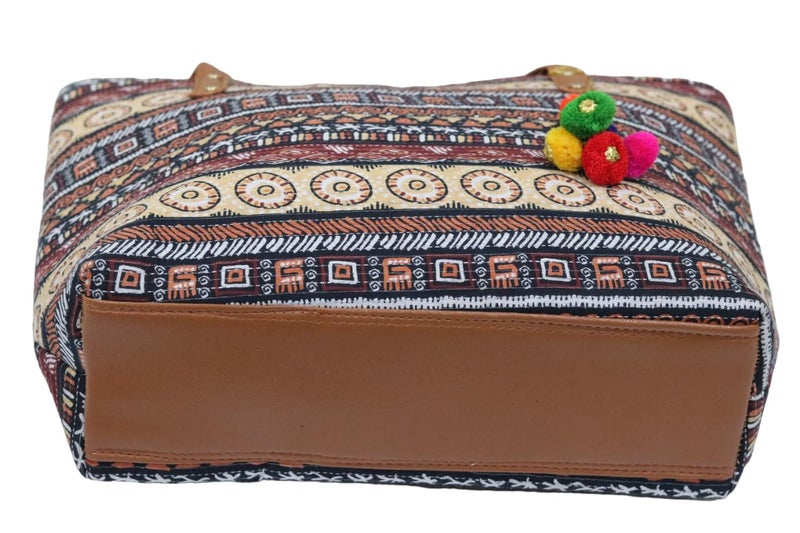 SHIVKARI Womens Girls Traditional Ikkat Tote Handbag with Tassels | Brown - Image 4