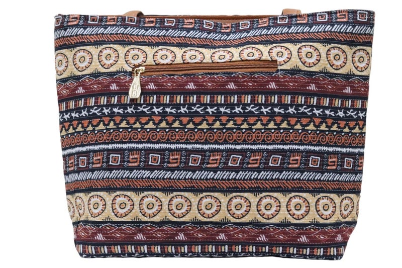 SHIVKARI Womens Girls Traditional Ikkat Tote Handbag with Tassels | Brown - Image 2