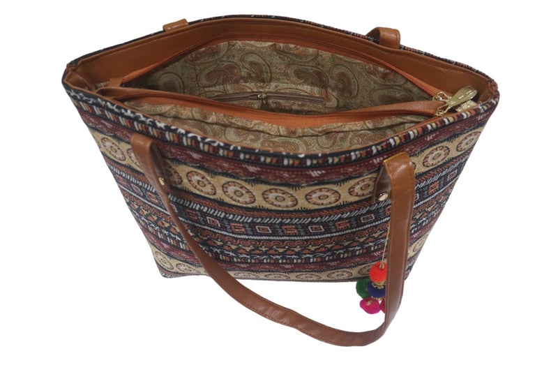 SHIVKARI Womens Girls Traditional Ikkat Tote Handbag with Tassels | Brown - Image 5