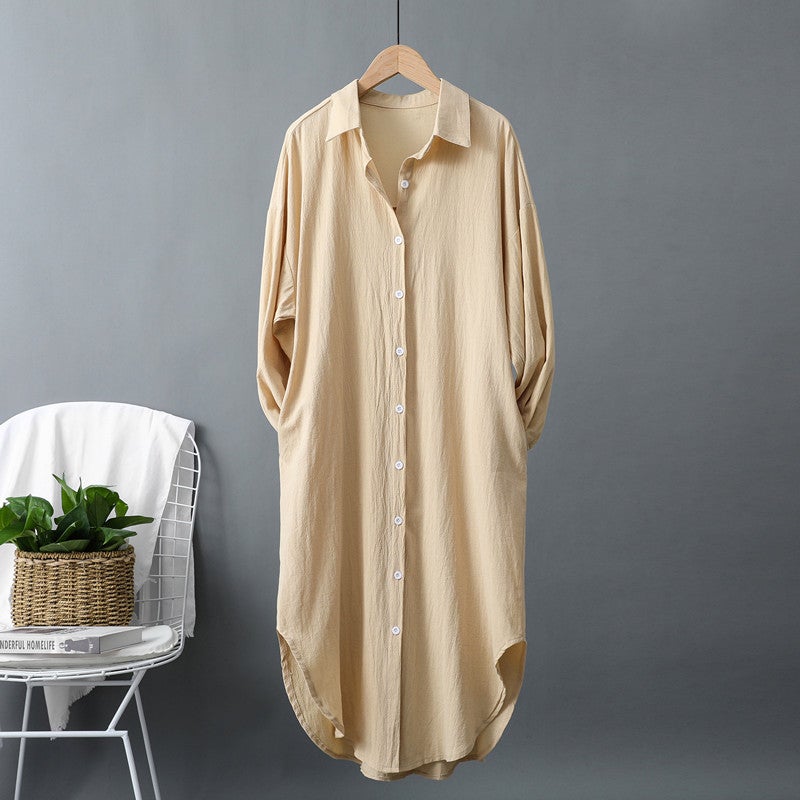Cotton and linen long sleeve white shirt Women 2 023 Spring and Autumn New Joker loose lazy style BF long shirt dress Blue - Image 2
