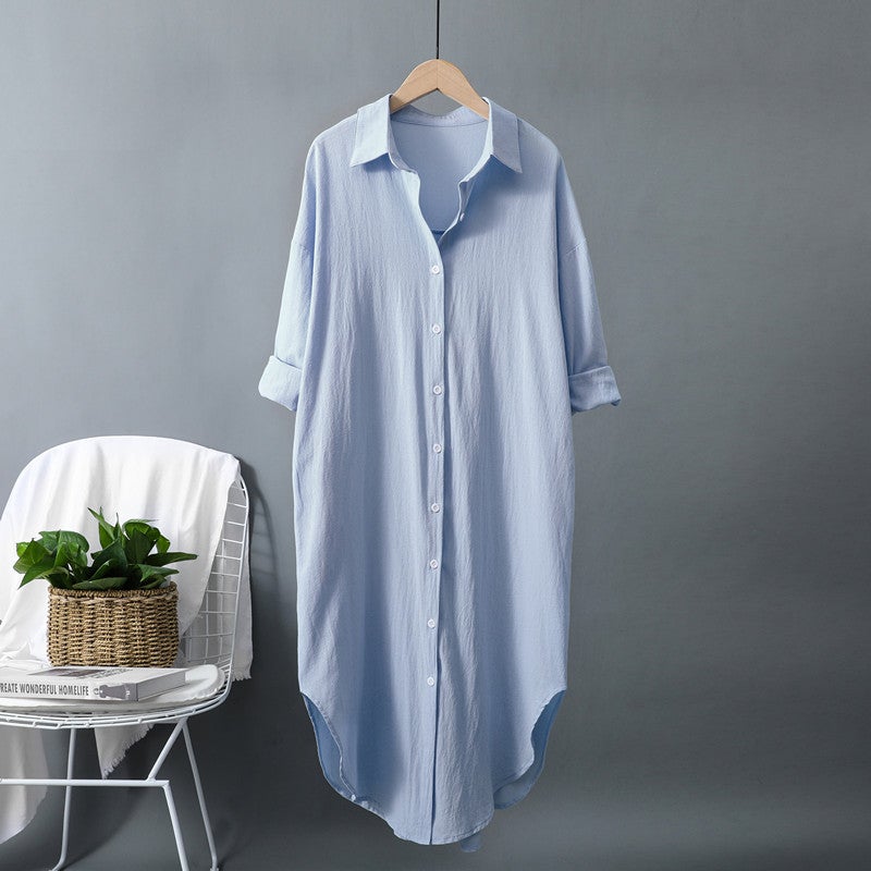 Cotton and linen long sleeve white shirt Women 2 023 Spring and Autumn New Joker loose lazy style BF long shirt dress Blue - Image 1