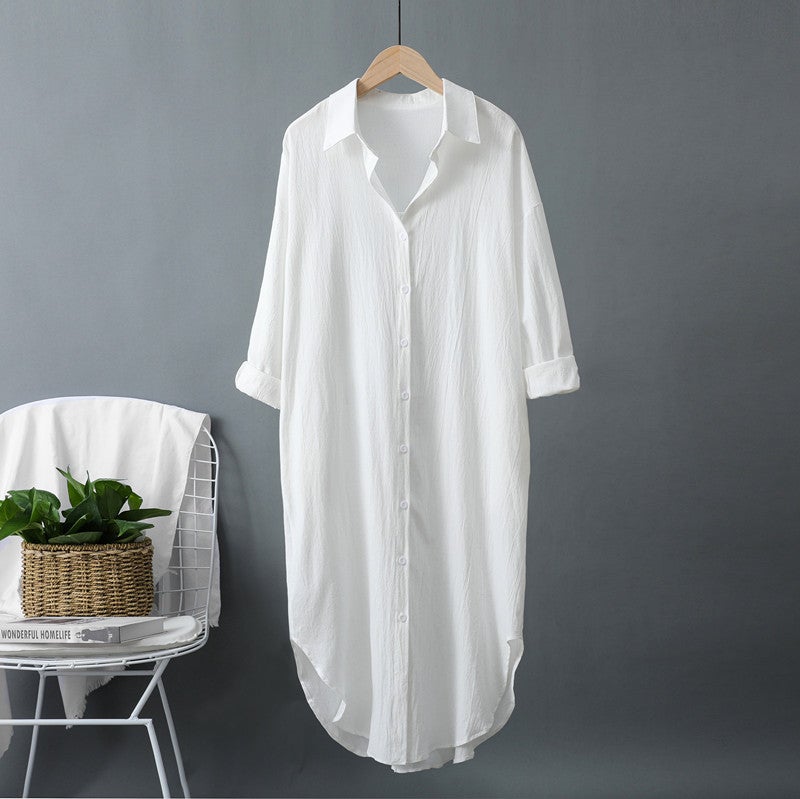 Cotton and linen long sleeve white shirt Women 2 023 Spring and Autumn New Joker loose lazy style BF long shirt dress Blue - Image 3
