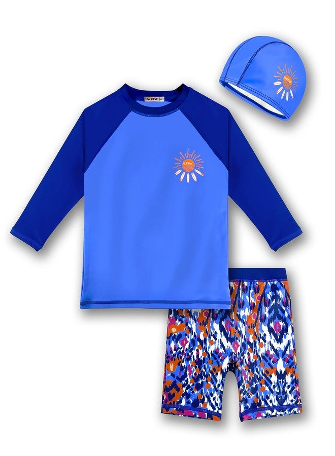 weVSwe Boys Rash Guard Swim Set UV Protection Swimwear Long Sleeve Swimsuit Trunk and Rashguard Set PU Swim Cap Dark Blue Sun 10 Years - Image 1