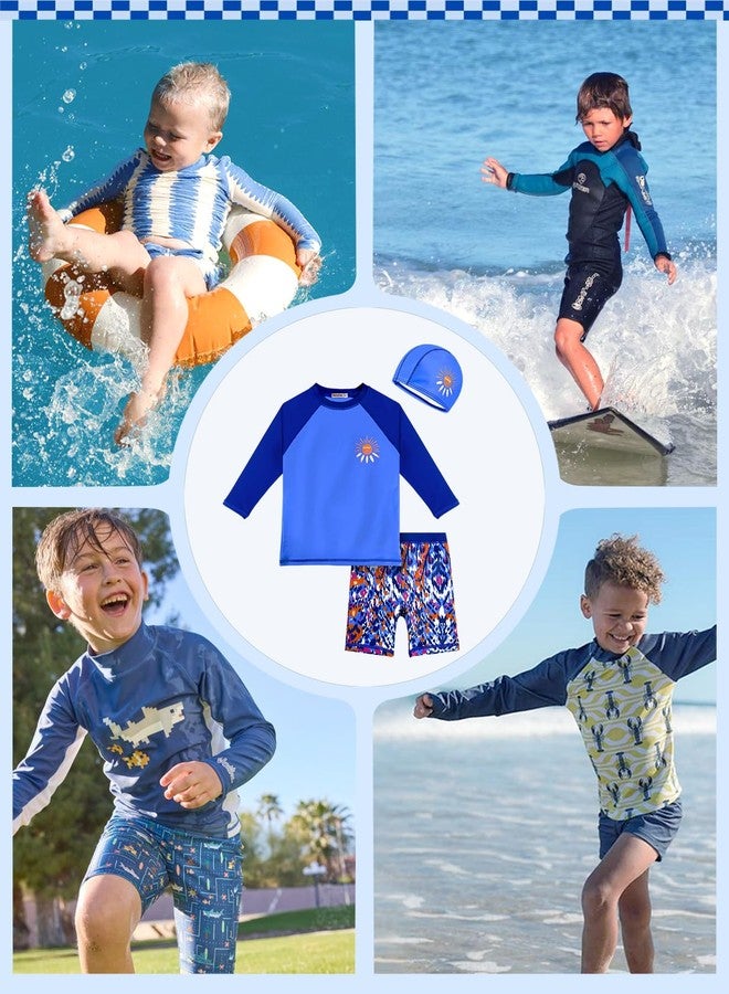 weVSwe Boys Rash Guard Swim Set UV Protection Swimwear Long Sleeve Swimsuit Trunk and Rashguard Set PU Swim Cap Dark Blue Sun 10 Years - Image 2