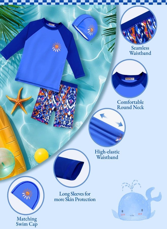 weVSwe Boys Rash Guard Swim Set UV Protection Swimwear Long Sleeve Swimsuit Trunk and Rashguard Set PU Swim Cap Dark Blue Sun 10 Years - Image 3