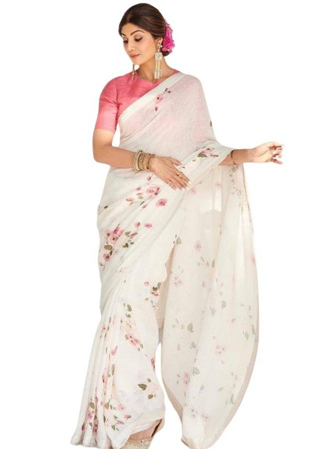 C J Enterprise Women‚Äôs Pure Soft Cotton Saree Linen Silk Sarees For Latest Party Design Wear Wedding Sadi With Blouse Piece Sari South Mulmul ikkat Mul Print 2025 New (Shilpa) (White Pink) - Image 1