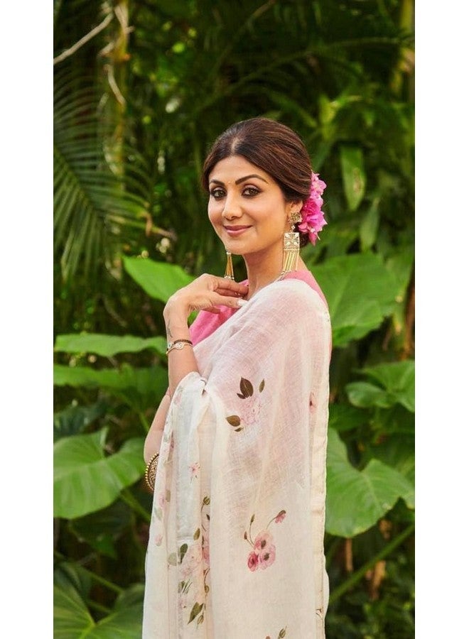C J Enterprise Women‚Äôs Pure Soft Cotton Saree Linen Silk Sarees For Latest Party Design Wear Wedding Sadi With Blouse Piece Sari South Mulmul ikkat Mul Print 2025 New (Shilpa) (White Pink) - Image 3