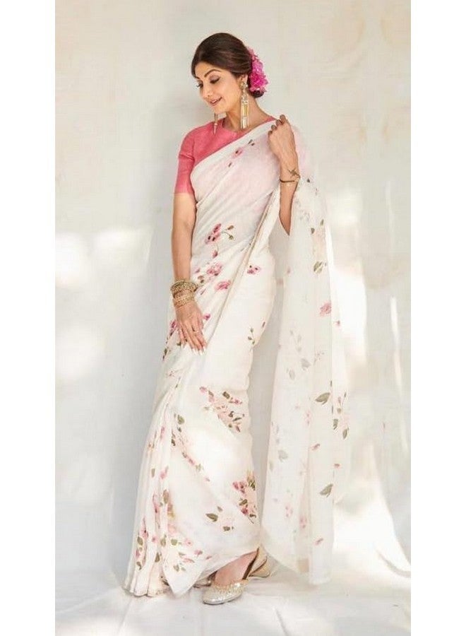 C J Enterprise Women‚Äôs Pure Soft Cotton Saree Linen Silk Sarees For Latest Party Design Wear Wedding Sadi With Blouse Piece Sari South Mulmul ikkat Mul Print 2025 New (Shilpa) (White Pink) - Image 4
