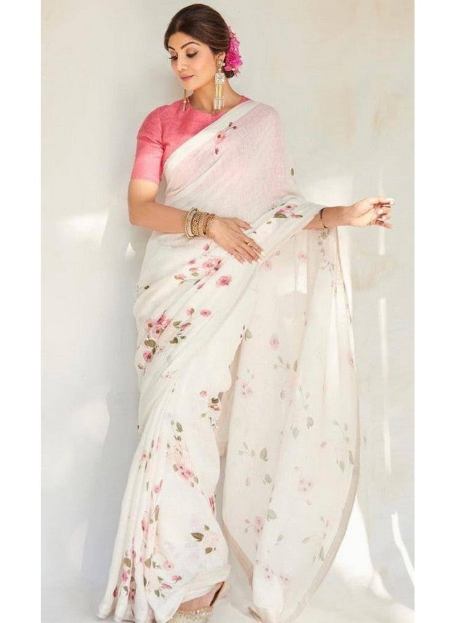 C J Enterprise Women‚Äôs Pure Soft Cotton Saree Linen Silk Sarees For Latest Party Design Wear Wedding Sadi With Blouse Piece Sari South Mulmul ikkat Mul Print 2025 New (Shilpa) (White Pink) - Image 5