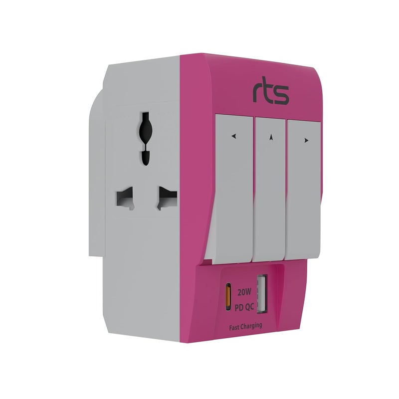 rts محول سفر عالمي 3 طرق 3 دبابيس rts مع منافذ USB من نوع C ومفتاح فردي ومؤشر LED متوافق مع الاستخدام المنزلي والمكتبي والصناعي للكمبيوتر المحمول والكمبيوتر المكتبي والهاتف المحمول والطابعة باللون الوردي - Image 1