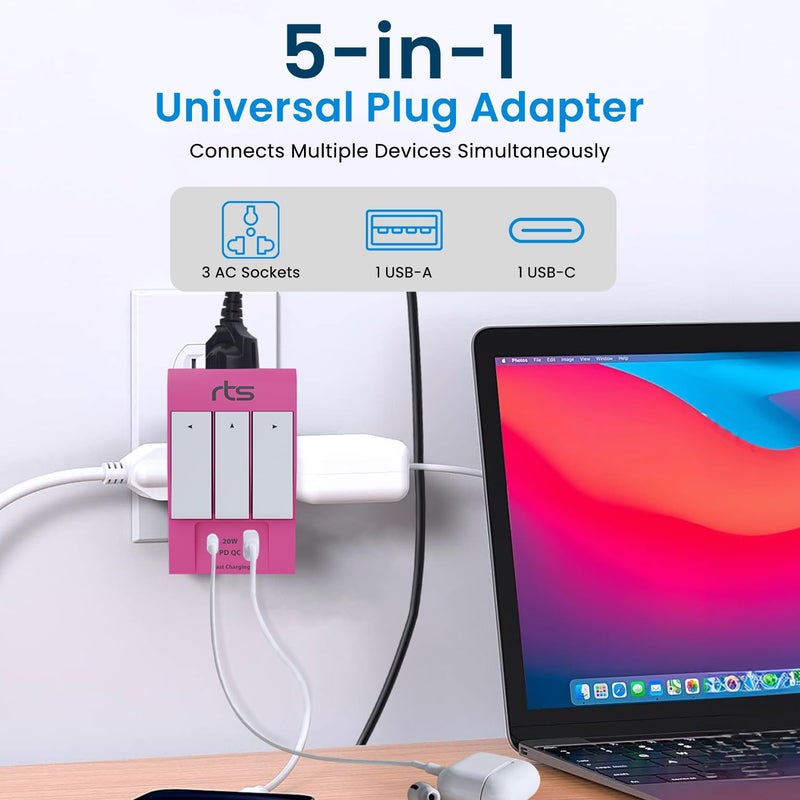 rts محول سفر عالمي 3 طرق 3 دبابيس rts مع منافذ USB من نوع C ومفتاح فردي ومؤشر LED متوافق مع الاستخدام المنزلي والمكتبي والصناعي للكمبيوتر المحمول والكمبيوتر المكتبي والهاتف المحمول والطابعة باللون الوردي - Image 2