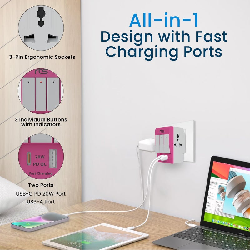 rts محول سفر عالمي 3 طرق 3 دبابيس rts مع منافذ USB من نوع C ومفتاح فردي ومؤشر LED متوافق مع الاستخدام المنزلي والمكتبي والصناعي للكمبيوتر المحمول والكمبيوتر المكتبي والهاتف المحمول والطابعة باللون الوردي - Image 4