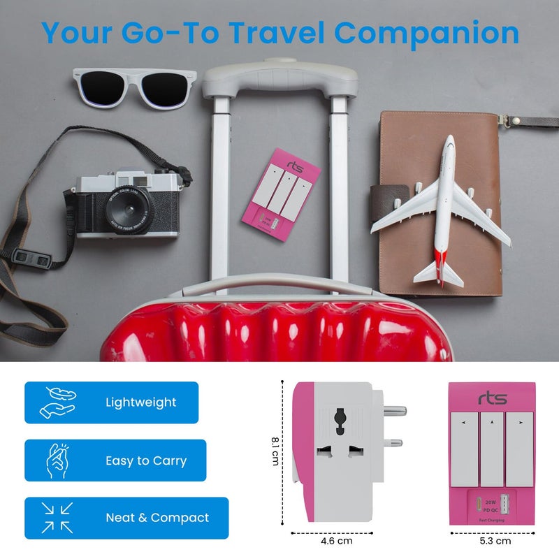 rts محول سفر عالمي 3 طرق 3 دبابيس rts مع منافذ USB من نوع C ومفتاح فردي ومؤشر LED متوافق مع الاستخدام المنزلي والمكتبي والصناعي للكمبيوتر المحمول والكمبيوتر المكتبي والهاتف المحمول والطابعة باللون الوردي - Image 3