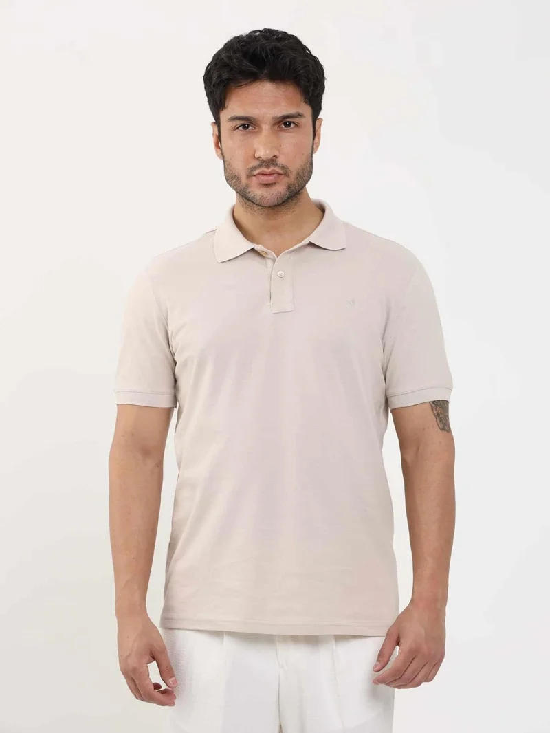 Dufy Beige Men's Slim Fit Plain Polo Neck Tshirt - 105116