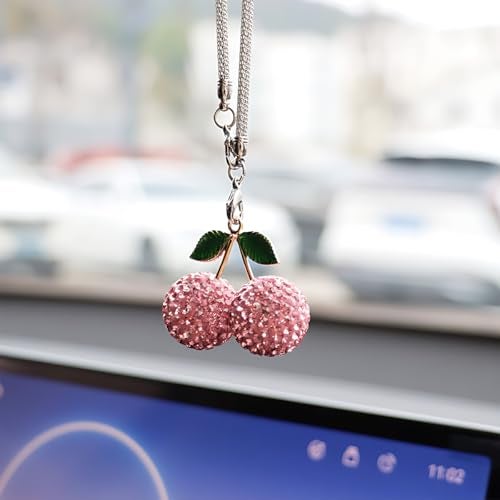 UHANBUT Bling Cherry Car Rear View Mirror Charm Sparkly Rhinestones Automotive Decoration Pendant Cute Vehicle Interior Hanging Ornament Lucky Present for Women Girl Pink - Image 1