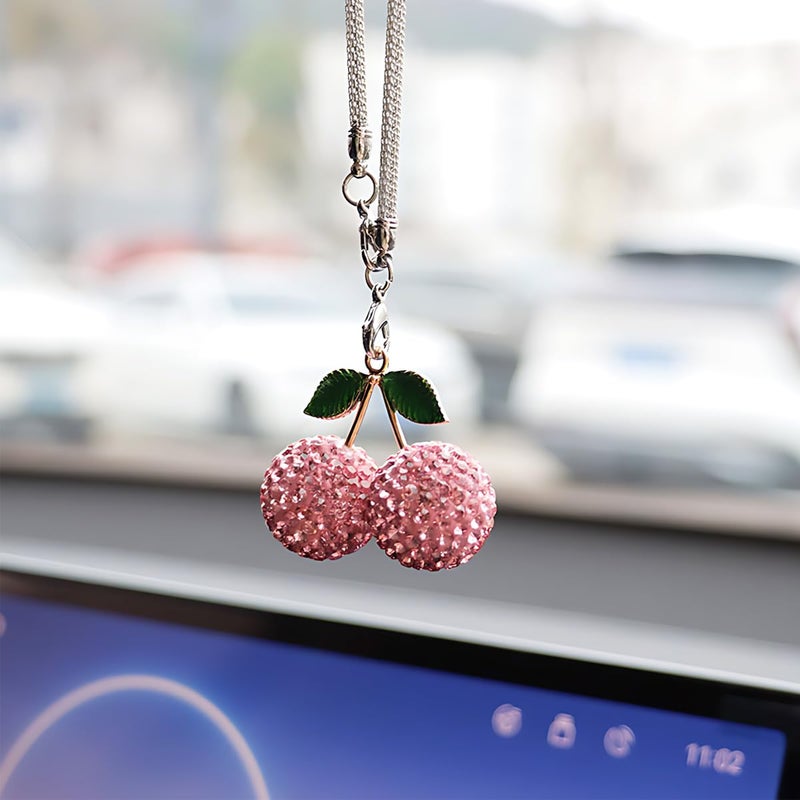 UHANBUT Bling Cherry Car Rear View Mirror Charm Sparkly Rhinestones Automotive Decoration Pendant Cute Vehicle Interior Hanging Ornament Lucky Present for Women Girl Pink - Image 3