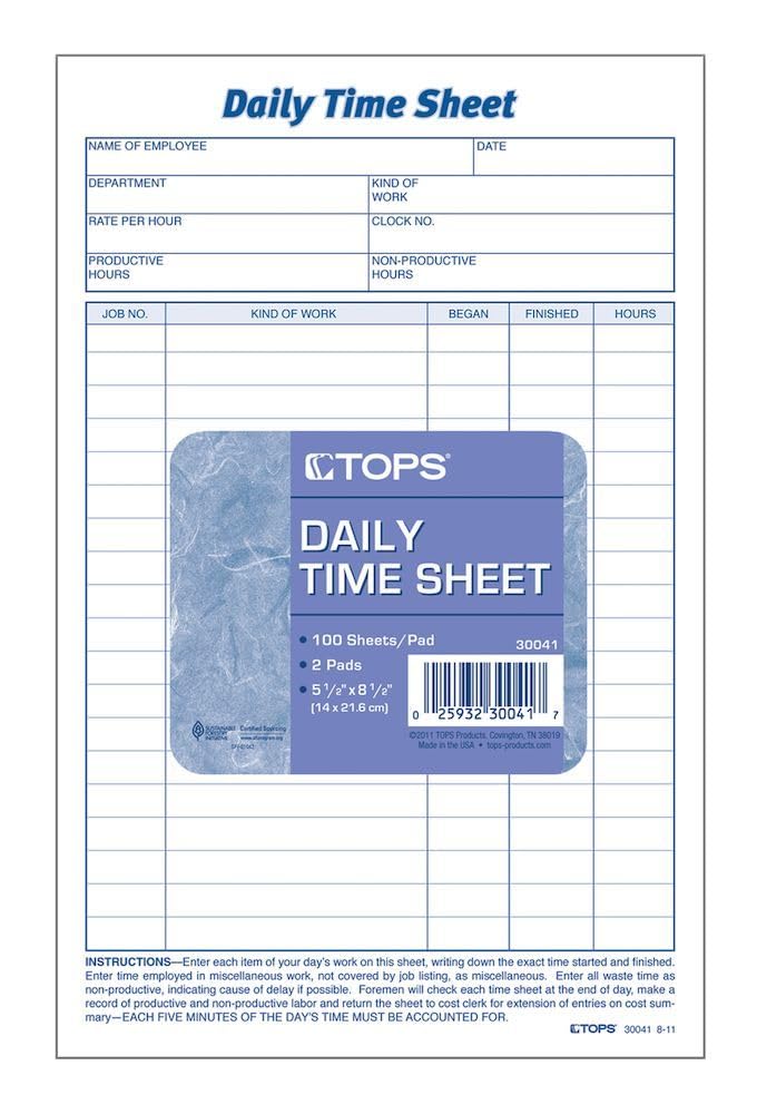 TOPS Daily Employee Time And Job Sheet, 6 x 9.5 Inches, 100 Sheets per Pad, 2 Pads/Pack - Image 1