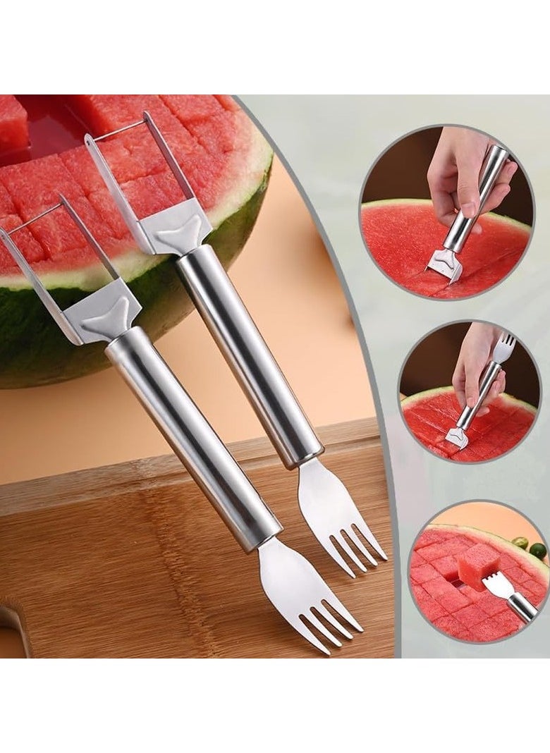 Mmmon - 2PCS 2-in-1 Stainless Steel Fruit Cutter,Watermelon Fork Slicer Cutter Slicer Tool,Dual Head Fruit Forks Slicer Watermelon Cutter Tool,for Home Kitchen Camping Gadget - Image 1
