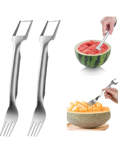 2PCS 2-in-1 Stainless Steel Fruit Cutter,Watermelon Fork Slicer Cutter Slicer Tool,Dual Head Fruit Forks Slicer Watermelon Cutter Tool,for Home Kitchen Camping Gadget