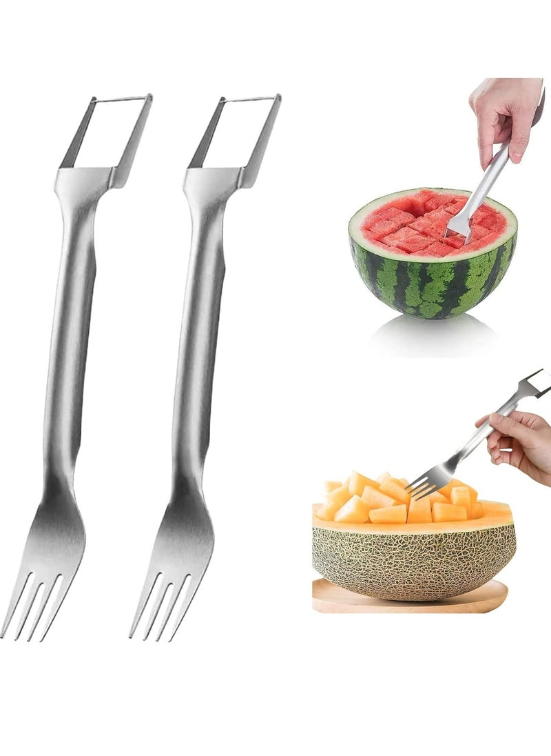 Mmmon - 2PCS 2-in-1 Stainless Steel Fruit Cutter,Watermelon Fork Slicer Cutter Slicer Tool,Dual Head Fruit Forks Slicer Watermelon Cutter Tool,for Home Kitchen Camping Gadget - Image 1