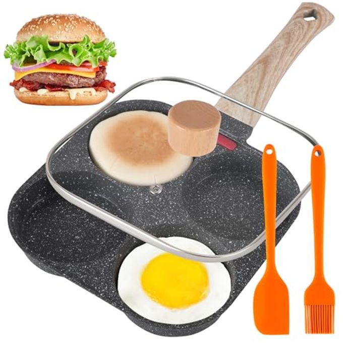AHFLRITO AHFLRTO 4 Cup Egg Pans Nonstick, Aluminum Omelette Pan with Lid, Healthy Egg Skillet for Eggs, Pancakes, Crepes, Sandwiches, Compatible with Gas Stove & Induction Cooktop - Image 1