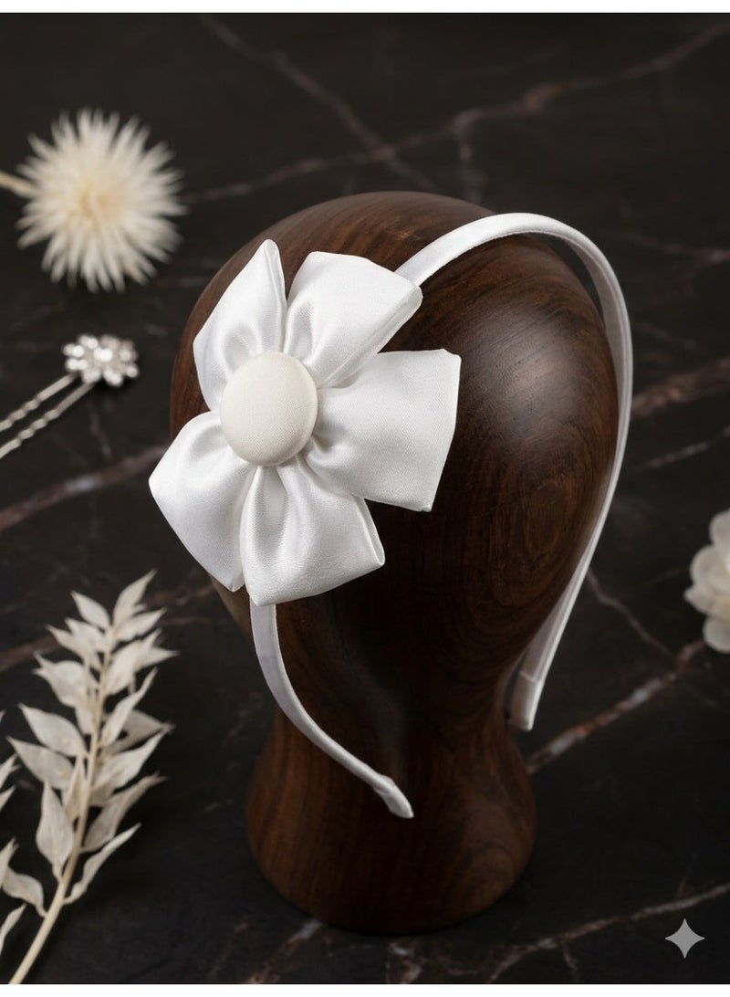Elegant White Satin Headband for Kids & Occasions – With Large Royal Bow, Comfortable & Stable Design.