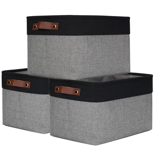 Bagnizer Storage Bins Large Fabric Storage Baskets for Shelves 3 Pack Decorative Linen Closet Baskets with Handles for Organizing Shelf Clothes Home Office 15x11x95Inches GreyBlack - Image 1