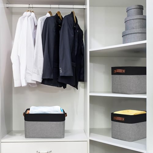 Bagnizer Storage Bins Large Fabric Storage Baskets for Shelves 3 Pack Decorative Linen Closet Baskets with Handles for Organizing Shelf Clothes Home Office 15x11x95Inches GreyBlack - Image 3
