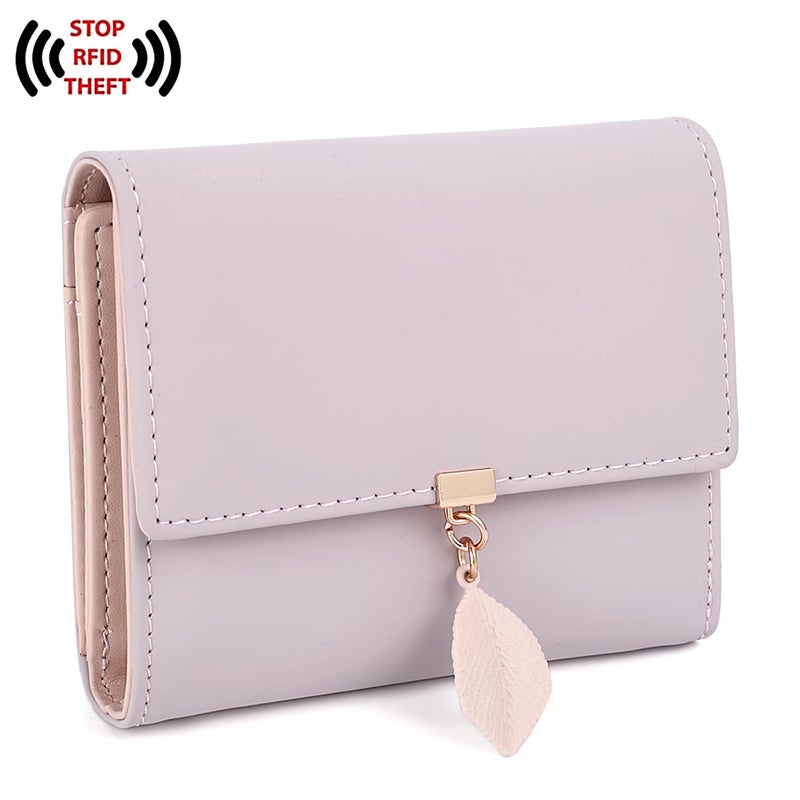 UTO محفظة صغيرة RFID للنساء والفتيات، محفظة جلدية نباتية مع قلادة ورقة، حامل بطاقات، منظم، حقيبة نقود بسحاب - Image 2