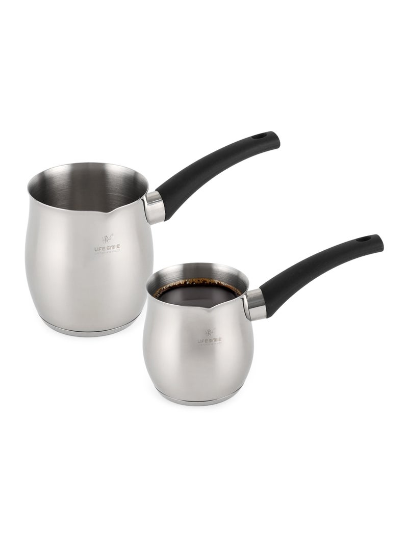 Life Smile طقم سخان قهوة من الفولاذ المقاوم للصدأ – 450 مل و 700 مل | قاعدة تحريض | تسخين سريع | مقاوم للصدأ | وعاء متعدد الاستخدامات للقهوة والحليب والزبدة والزيت - Image 1