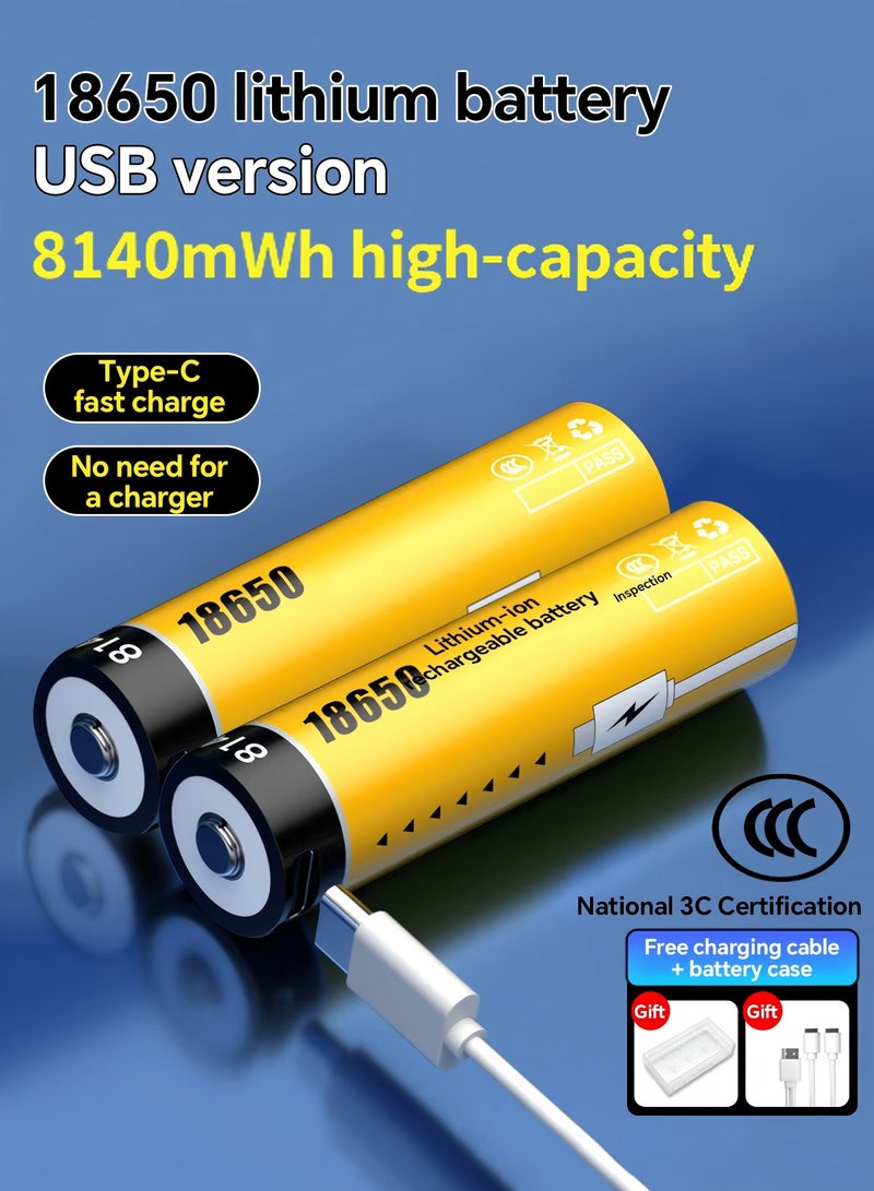 Delipow 18650 rechargeable battery, 8140mWh large-capacity, 3.7V lithium battery, with Type-C fast charging cable, suitable for LED flashlight, small fan, remote control, smart tools and DIY electronics, etc（Two batteries） - Image 1