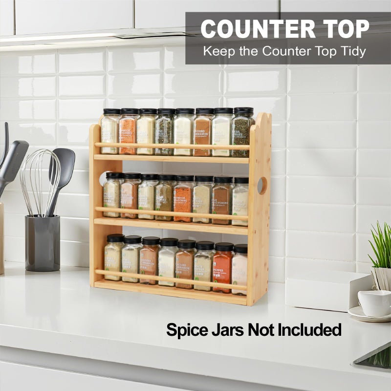 Thalomely 3 Tier Bamboo Spice Rack, Spice Rack Organizer, Seasoning Jars Rack Shelf Spice Organizer for Kitchen Counter or Wall Mounting, Spice Storage Holder with handles, Jars Not Included,Natural - Image 3