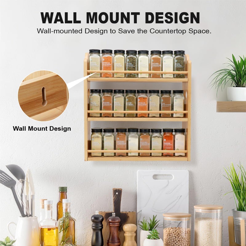 Thalomely 3 Tier Bamboo Spice Rack, Spice Rack Organizer, Seasoning Jars Rack Shelf Spice Organizer for Kitchen Counter or Wall Mounting, Spice Storage Holder with handles, Jars Not Included,Natural - Image 5