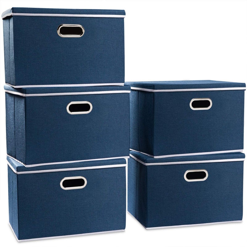 PRANDOM Large Collapsible Storage Bins with Lids 5Pack Fabric Foldable Storage Boxes Organizer Containers Baskets Cube with Cover for Home Bedroom Closet Office Royal Blue177x118x118
