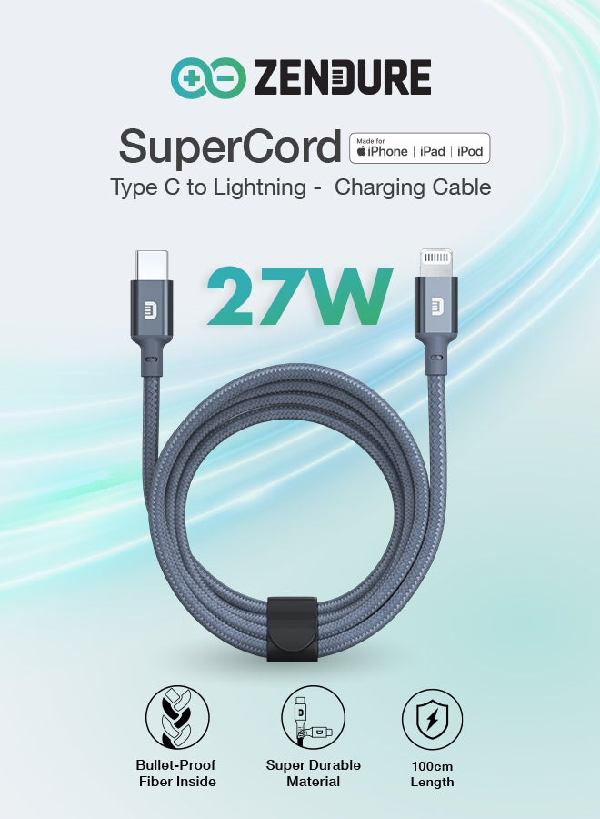 ZENDURE iPhone Charger Cable SuperCord | 27W Type-C to Lightning Cable | 1 Meter | Ultra-Durable Nylon Braided Cable | 50,000+ Bend Lifespan | With Cable Strap | Fast Charging for iPhone & iPad Grey - Image 1