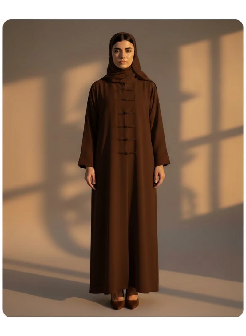 مويستريت Brown Korean Nida Abaya with Matching Headscarf & Knot Button Detail