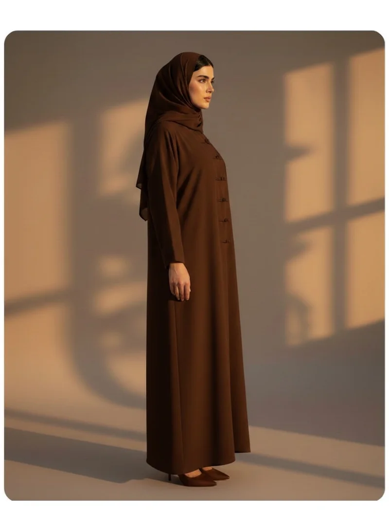 مويستريت Brown Korean Nida Abaya with Matching Headscarf & Knot Button Detail