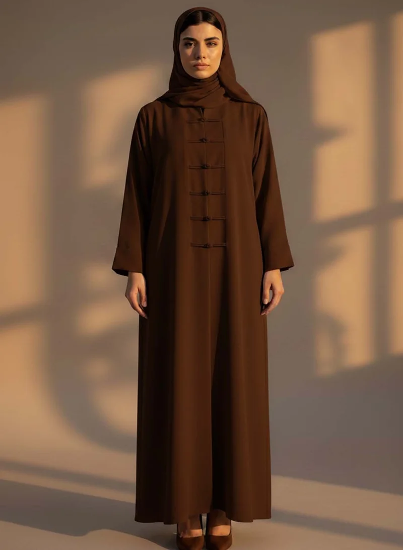 مويستريت Brown Korean Nida Abaya with Matching Headscarf & Knot Button Detail