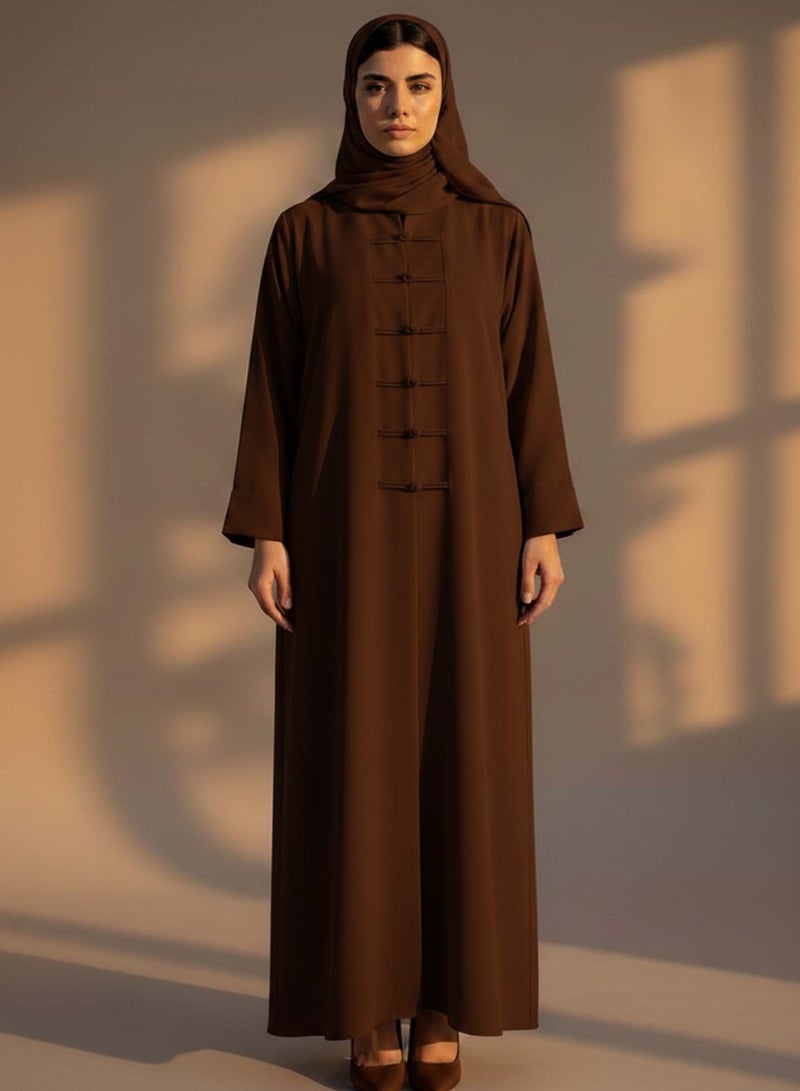 Moistreet Brown Korean Nida Abaya with Matching Headscarf & Knot Button Detail - Image 1