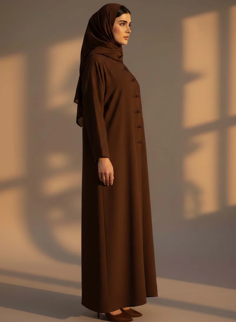 مويستريت Brown Korean Nida Abaya with Matching Headscarf & Knot Button Detail