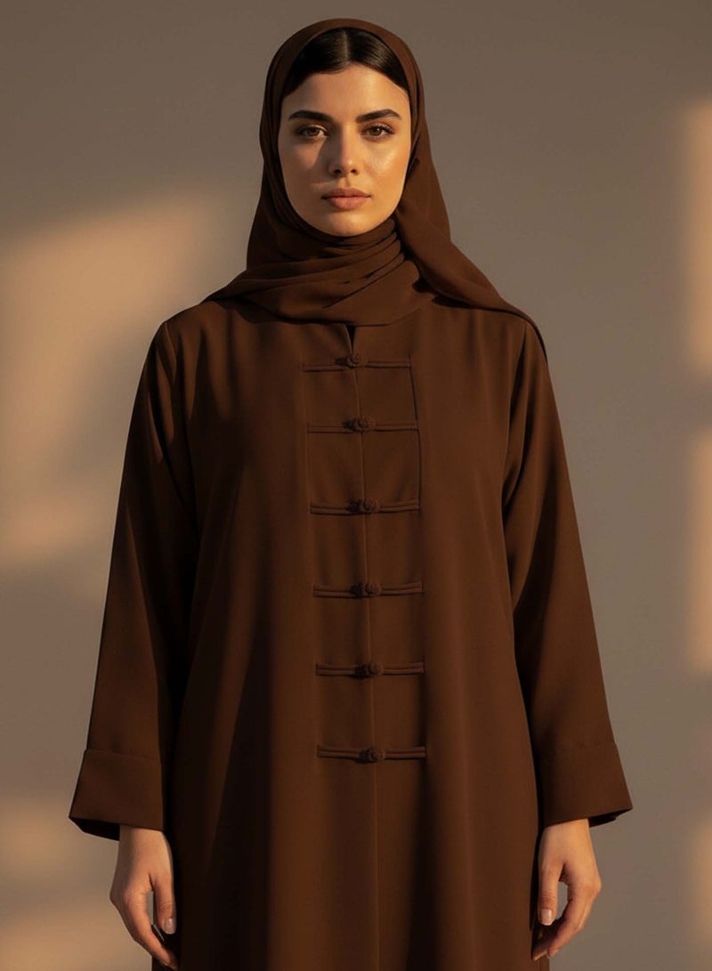 Moistreet Brown Korean Nida Abaya with Matching Headscarf & Knot Button Detail - Image 3