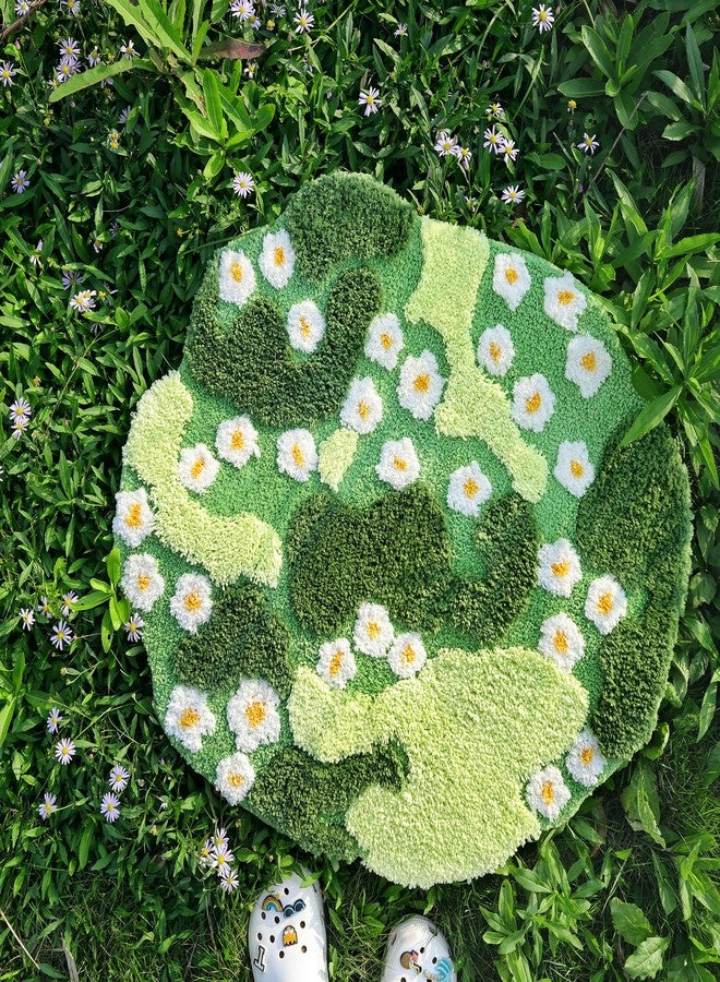 YIKUSH Moss Bath Mat Green Bathroom Rug with Small White Flowers Non Slip Door Mat for Bedroom and Kitchen Soft Washable Rug Floral Nature Bathtub Mat - Image 4