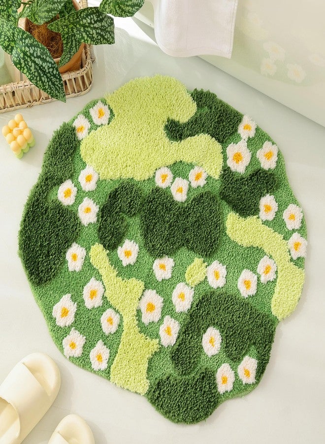 YIKUSH Moss Bath Mat Green Bathroom Rug with Small White Flowers Non Slip Door Mat for Bedroom and Kitchen Soft Washable Rug Floral Nature Bathtub Mat - Image 1