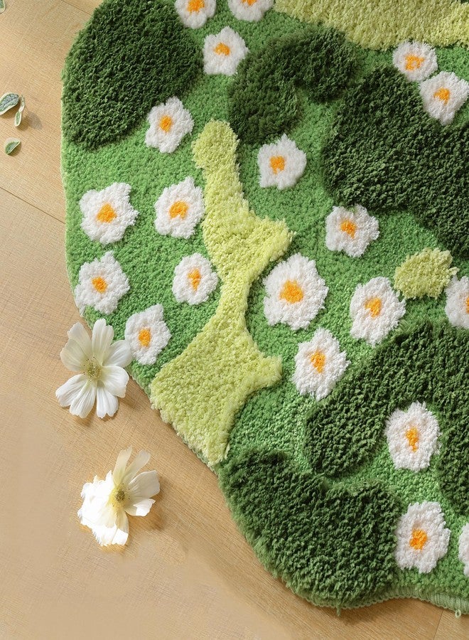 YIKUSH Moss Bath Mat Green Bathroom Rug with Small White Flowers Non Slip Door Mat for Bedroom and Kitchen Soft Washable Rug Floral Nature Bathtub Mat - Image 2