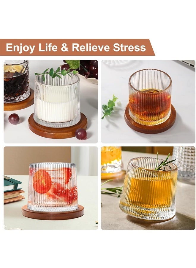 كوب الزجاج القديم القابل للدوران ، 5.63oz / 160ml زجاج الكريستال الويسكي ، كوستر الخشب ، سميكة ، تستخدم كقهوة ، حليب للاسترخاء ، هدية مثالية - Image 3