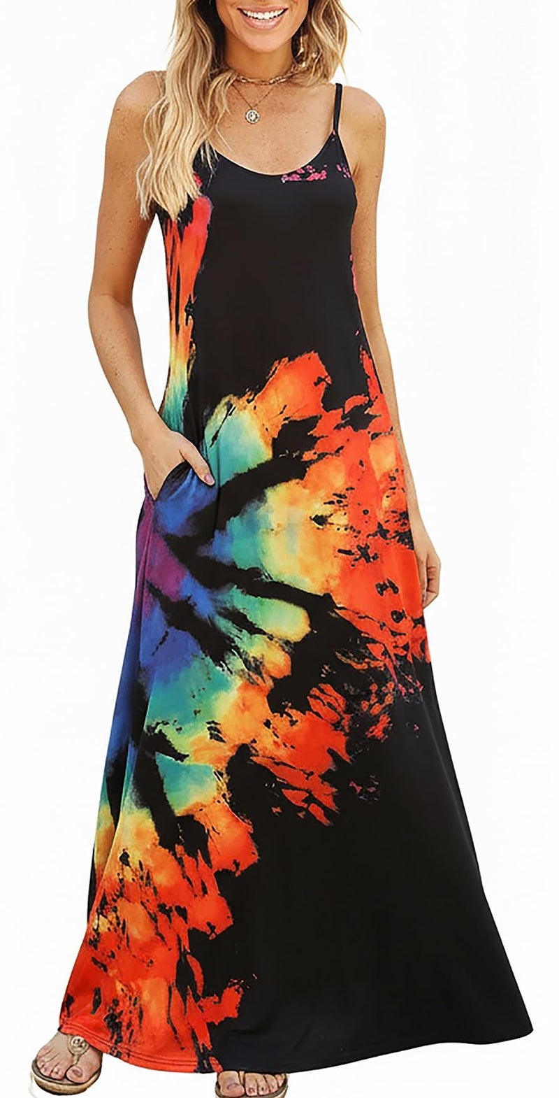 Supnier Summer Dresses for Women 2023 Petite Length Long Maxi Dress with Pockets for Beachwear(M,Grey Rainbow) - Image 1